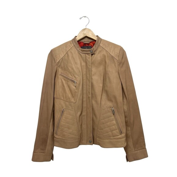 Cole Haan Lamb Leather Moto Jacket Zip Front Collarless Tan Nude Brown Women’s M - Picture 1 of 12